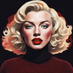 psychedelic backgroundupper body marilyn monroe, a blonde woman with short, wavy hair, is the focal point of the image. she's dressed in a dark brown turtleneck sweater, paired with a black hat and a black suit jacket. her lips are a vibrant red, and her eyes are a deep brown. her hair, a light shade of blonde, is styled in loose waves, adding a touch of whimsy to her appearance. in the background, a man with a black hat and a white shirt is visible..,bokeh like f/0.8, tilt-shift lens 8k, high d