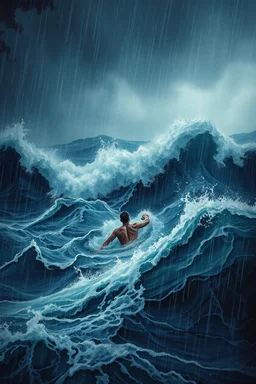 Rain and storm in an ocean with high waves , a man is swimming trying to survive, Bosch painting style