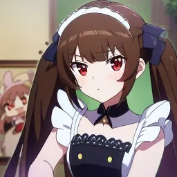 Clear focus, High resolution, Rough line, cute, anime style, red eyes, sparkling eyes, brown hair, red eyes, wearing a maid outfit, long twin tails, long bangs, anime screencap, choppy long bangs