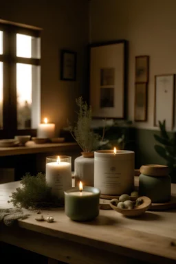 A Candle making studio made of Organic simplicity, Mediterranean-inspired, Nature-inspired pieces, Olive cotton, Captivating landscapes