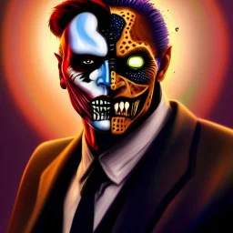 ultra detailed fullbody portrait of Two-Face villain, extremely detailed digital painting, extremely detailed face,crystal clear eyes, in the style of robert e howard and pablo oliveira and Ken Kelley and Keith Parkinson , mystical colors, perfectly centered image, perfect composition, rim light, beautiful lighting,8k, stunning scene, raytracing