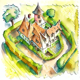 aerial view watercolour drawing of a medieval house in the style of art novel