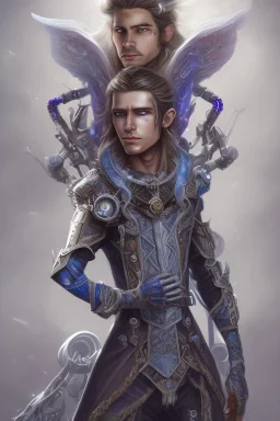 quadriplegic elf, male teenager, long white hairdo, blue irises, wearing a steampunk exoskeleton powered by gears, in fantasy style