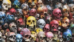 a picture of a dark, comedic, anatomically correct wall of colorful tightly packed skulls of varying sizes and expressions, photo realistic, insanely meticulous, highly detailed, part of a collection of bones on display, 64k, dystopian, vray