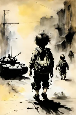 The nightmare small child having a bag pack walks in the streets, at war , a tank in the street with some in the background some soldiers illustration by Stephen Gammell