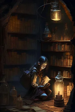 A dark dungeon, with a shelf with vintage bottles, and a young girl sitting on the floor, next to a lantern, studying old books