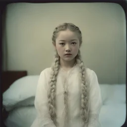 Old autochrome of devon aoki , white braids., ,in a bedroom, in 19001