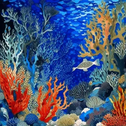 A dark blue coral reef with marine animals designed in ancient Roman mosaics painted by Claude Monet