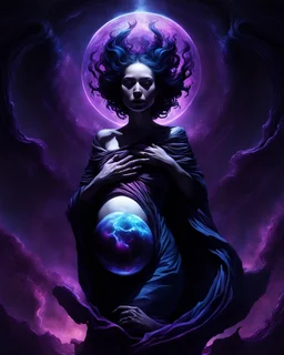concept, dark void in abdomen, pregnant,cosmic theme, surrealism, detailed anatomy, shadows and highlights, eerie atmosphere, digital art, high resolution, deep space colors, black, purple, blue, glowing elements, dramatic lighting, imaginative interpretation.