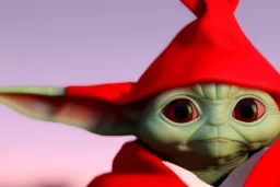 baby yoda wearing a red christmas hat . busy cyber city backround