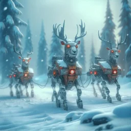 reindeer robots hauling sled with presents in snowy misty forest, 8k, down-light, soft light, depth of field, photo realism, trending on art station, high detail