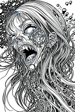 inked colorless illustration of a malevolent shape shifting female Funayurei water ghost with highly detailed facial features and skin textures, in the style of Alex Pardee , Jean Giraud Moebius, and Katsushika Hokusai, highly detailed, boldly inked,