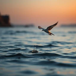 Hyper Realistic early morning (6:40 am) scene of a seaside where a beautiful small bird flying just few centimeters above the river water showing dramatic and cinematic ambiance.