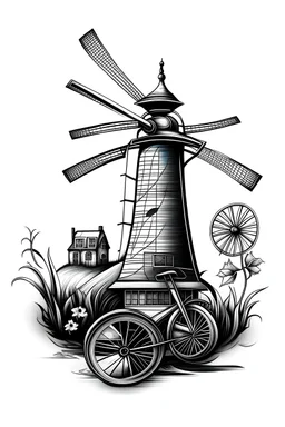 A modern abstract realism drawing black and gray with very defined details of a dutch windmill and a bike vector image with white background for a tattoo