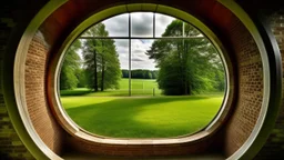 (Two large circular windows in a brick wall overlooking a grassy field|Two large arched windows in a stone wall overlooking a meadow|Two large round windows in a wooden cabin overlooking a forest|Two large oval windows in a concrete building overlooking a park)