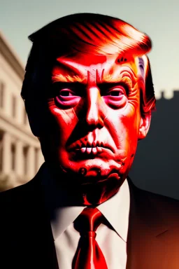 Ultra realistic image, Donald trump zombie, zombie performance, suit, skull, blood, torn arm, night, walking twisted, waist up view, the walking dead style, dark ambient, highly detailed, White House background, concept art, unreal engine 5, ray tracing, RTX, ultra detail, volumetric lighting, high definition, high resolution.