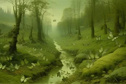 An olive green kingdom with butterflies painted by John Atkinson Grimshaw