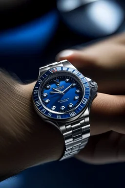 Produce an image of a Cartier Diver watch stationed at mid-journey, capturing the essence of adventure with a balance of sharp focus on the watch face and a slightly blurred background suggesting movement. "wearing a person in his hand