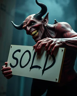 A realistic ghoulish laughing devil leaning forward at an angle as if over someone's shoulder, facing right, holding a large sign that says "SOLD" in clear letters. No humans, no extra subjects, cinematic horror lighting.