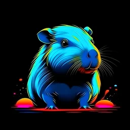 cute capybara in neon blue, white and gray colours melt lava circle in black background