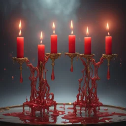 Red candles on a three-armed gold candlestick, dripping wax. Illustrative art, art interpretation, concept art, cgsociety contest winner, seasonal art, seasonal art HD, 4k, 8k, intricate, detailed, intricately detailed, luminous, translucent fantasy crystal, holographic data, soft body, shadow play, light, fog, atmospheric, cinematic, light film, hyper-detailed, hyper-realistic, masterpiece, atmospheric, high resolution, 8k, HDR, 500px, mysterious and artistic digital art, phototic, intricate, f