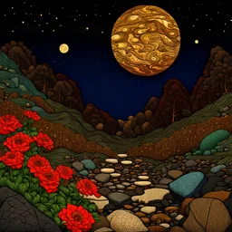 Colourful, peaceful, Egon Schiele, Max Ernst, Vincent Ban Gogh, night sky filled with galaxies and stars, rocks, trees, flowers, one-line drawing, sharp focus, 8k, deep 3d field, intricate, ornate