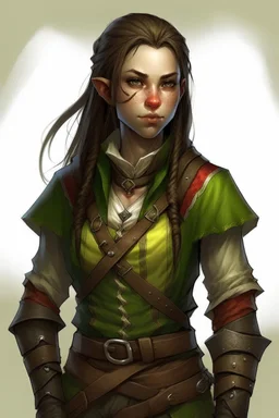 half orc teenage girl wearing rogue clothing, mischevious