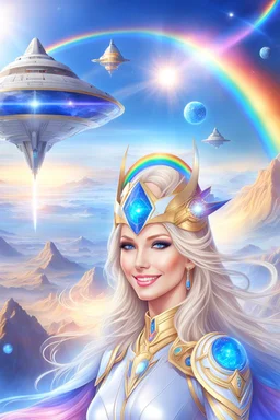 cosmic woman smile, admiral from the future, one fine whole face, crystalline skin, expressive blue eyes,rainbow, smiling lips, very nice smile, costume pleiadian, Beautiful tall woman pleiadian Galactic commander, ship, perfect datailed golden galactic suit, high rank, long blond hair, hand whit five perfect detailed finger, amazing big blue eyes, smilling mouth, high drfinition lips, cosmic happiness, bright colors, blue, pink, gold, jewels, realist, high,rainbow commander