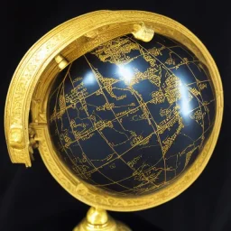 fantasy world globe, black marble, gold inlay detail, marginalia