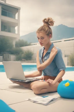 In the music video, a 23-year-old woman with brown/blonde hair and bright blue eyes. She has a messy bun. She is sitting i a swimming pool for children. She sits on a desk and is working on her computer. Childeren are playing in the pool around her.