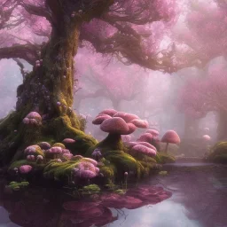 high-quality, fine-detail beautiful, breath-taking forest with gnarled trees, pink flowers and mushrooms, clear reflective lake, tranquil, stunning, 8k resolution, trending on artstation, dreamworks, volumetric lighting unity engine