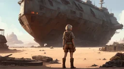 Concept art. Medium shot. skinny 50-year-old woman in brown shorts, shirt, and boots, standing next to a Star Wars cargo ship, sitting in a derelict alien town. Best quality.