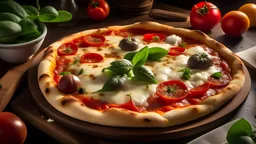 A delicious and tasty Italian pizza Margherita with fresh tomatoes, buffalo mozzarella and extra virgin olive oil, strictly cooked in a wood oven, according to the original tradition of Naples. In 2017 the art of Neapolitan pizza was declared by UNESCO as an Intangible Cultural