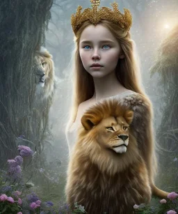 Young beautiful girl wearing floral crown and standing next to a stunning lion on nature forest path, Chronicles of Narnia Aslan and Lucy, 8k resolution, high-quality, fine-detail, iridescent, intricate, digital art, detailed matte, volumetric lighting, beautiful, illustration, 3D octane render, brian froud, howard lyon, selina french, anna dittmann, annie stokes, lisa parker, greg rutowski,