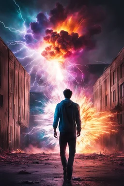 Young man walking towards a building that is exploding at night, with coloured auras and lightning around him