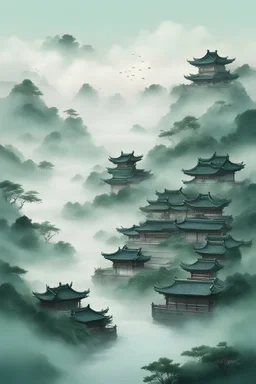 Jiangnan, green wind, clouds and mist, a little blue-green, ancient style, poetry and illustrations, very clear and delicate