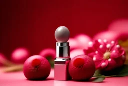 top shot of a lipstick on a pink table with flowers, gray spheres in the background, product photography in style of Kodak Portra — style raw — q 2 — s 250 — v 5.2 — ar 9:16