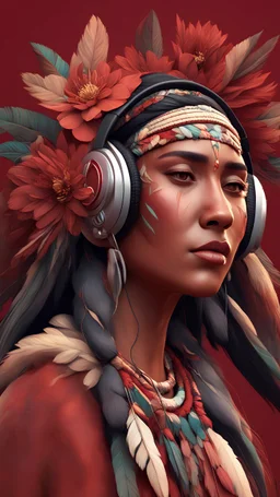 3D illustration of native americans woman with headphones on and a deep red background with flowers, illustration, smooth 3d digital art, exquisite thee-dimensional rendering, 4K, blender, c4d, octane render , disney style 3d light, Zbrush sculpt, concept art, Zbrush high detail, pinterest Creature Zbrush HD sculpt, neutral lighting, 8k detail