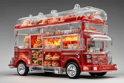 Crystal Clear glass food truck shaped like a firetruck, "5 Alarm Chili" food truck theme, fantastical vehicle with the side open to a ordering bar, elaborate, vibrant, fantastical, photorealistic, maximalist, insanely detailed