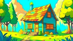 Cartoon style: at the end of the forest, on the horizon there is a small wooden house