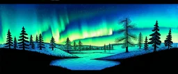 northern lights on the top right and left with a thin section joining then through the middle. below are trees and water. whimsical hand drawn style. line drawing with muted color
