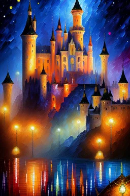 an impressionistic painting of a flow of lights being released at night over water with the castle of Corona at night in the dark from the movie Tangled in the style of Leonid Afremov pallet knife