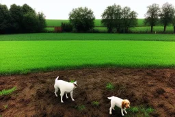 Photograph. Technological singularity. Post-apocalypse utopia. Machine, fake smile, staring eyes. Milky white lay figures torso on the ground. Grass, mud. dirt. Dog sniffing the torso. An yard of a farm is in the Background. Puddles.