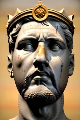 Ultra Realistic image, Roman sculpture, white marble material, Lionel Messi, gold laurel leaves crown, god crown, gold veins, gold ornaments, Renaissance style, sun rays background, waist up portrait, epic, celestial, cinematic lighting, God lights, 4k resolution, smooth details, soft lighting, unreal engine 5, art station, substance 3d.