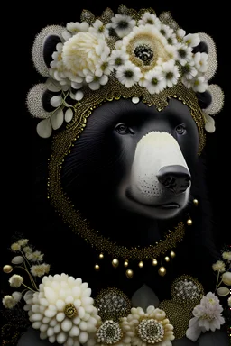 Beautiful black bear portrait, textured detailed fur adorned with baroque style white and black and yellow. Coppper, light beige brown gradient bioluminescence copper pearls, black berry colour diamond, black lily flower floral, and black floral hát and black diamond headdress, golden dust florals, organic bio spinal ribbed detail of detailed creative 3d baroque style light white floral, moonlight background extremely detailed hyperrealistic maximálist concept art