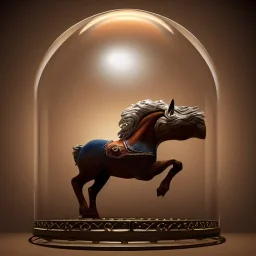 character render of a carousel horse with bar under glass dome, 1800s, chiaroscuro lighting , 8k UHD, beautiful, realistic, matte painting, centered, illustration, baroque, muted colors,renaissance, artwork, high-quality, rocco, greg rutowski, howard lyon, brian froud, anne stokes