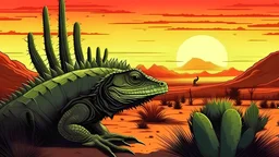 Create a picture of an iguana in a large desert with cacti in a comic style at sunset