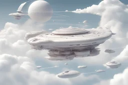 Illustrate a journey through the clouds, with a futuristic spacecraft navigating through layers of data clouds representing different cloud computing services, each with its own unique characteristics and offerings