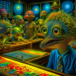 Hyperrealistic, spooky, dark, odd extraterrestrial being at work as a school teacher, many students, sharp focus, 8k, 3d, very detailed, volumetric light, grim, fine art, very colorful, ornate, insanely detailed and intricate, hypermaximalist, super detailed, decadent, Max Ernst style