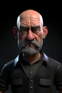 Frontal view of a 55-year-old bald man, in 3D and in the style of the Pixar characters, with a gray beard and mustache, sparse eyebrows, immediately adjacent to the eyes, small brown eyes partially closed, with dark circles and a thoughtful expression, slightly closed ears big and small mouth. Dressed in a black button-down shirt with a collar, light brown suit pants fastened with forest green suspenders, and white sports shoes. He is shown full body and with his arms extended to the sides in a 